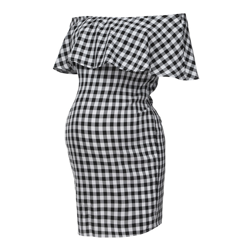 

Trendy Ruffle Plaid Off Shoulder Maternity Dress