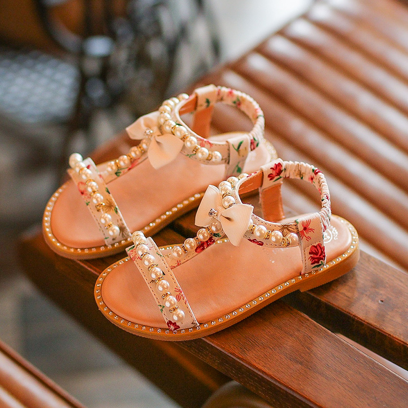 

Pretty Floral Bow and Pearl Decor Elastic Sandals for Toddler Girl and Girl