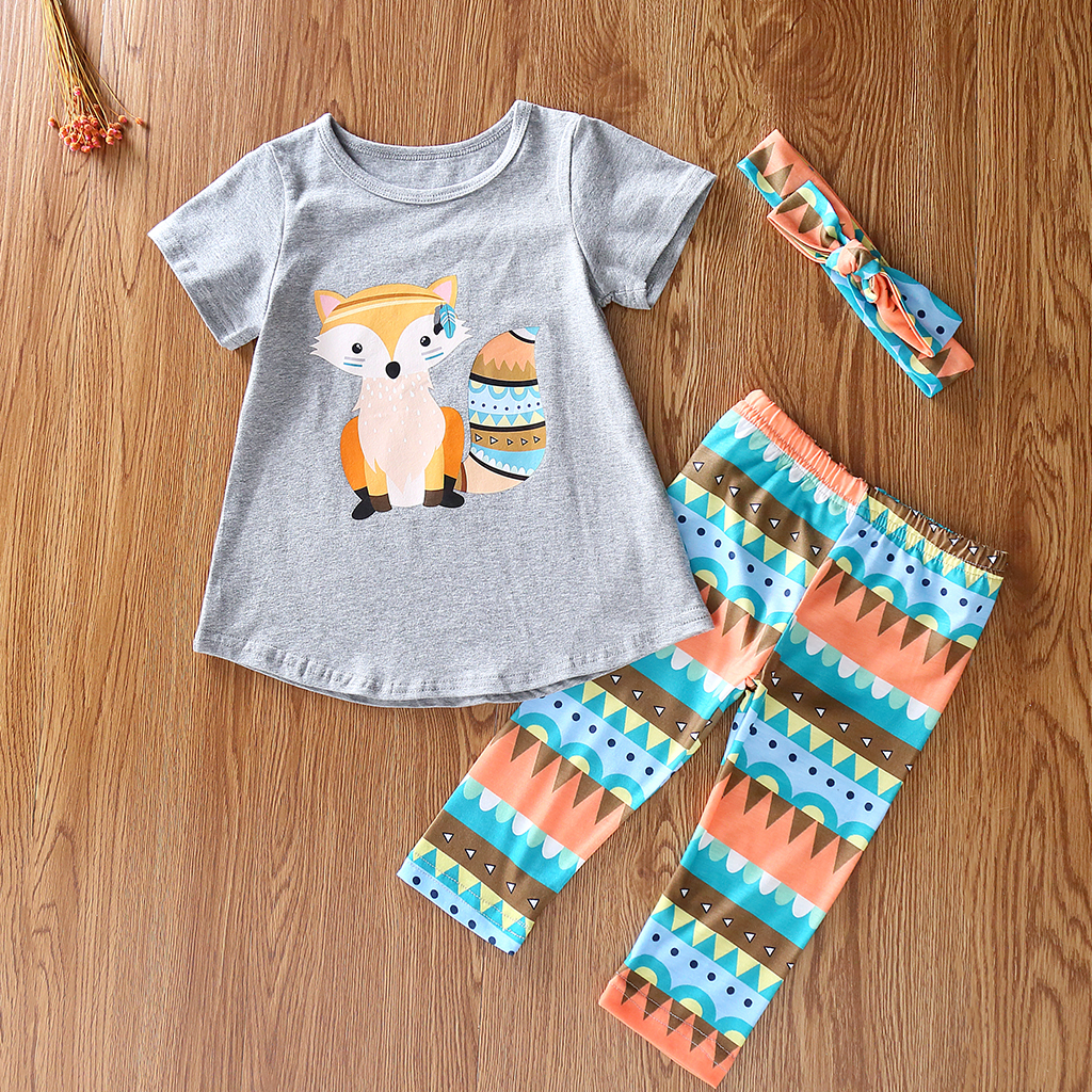 

2-piece Fox Print Top and Striped Pants and Headband