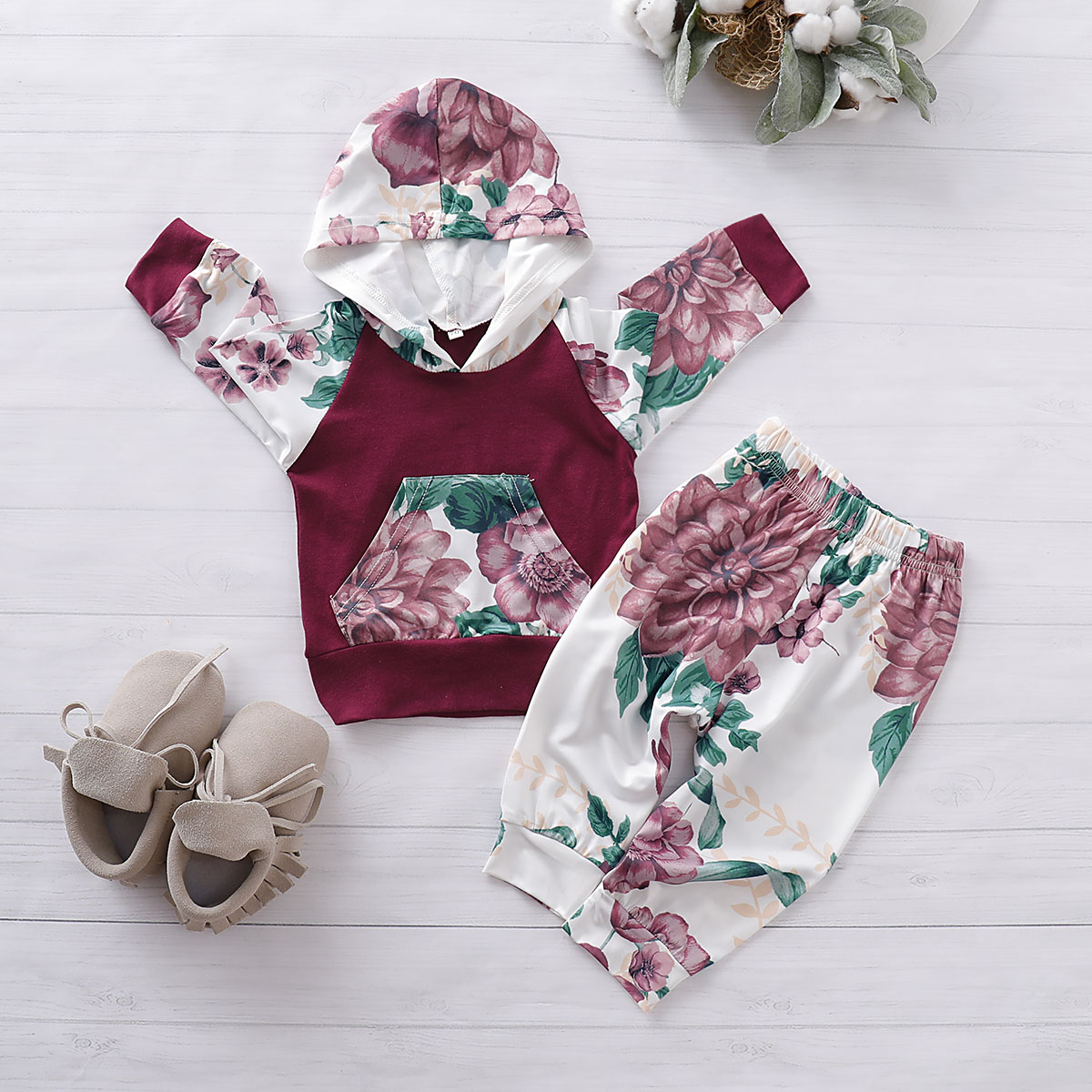 

3-piece Floral Hooded Top, Pants and Bow Headband for Baby Girl
