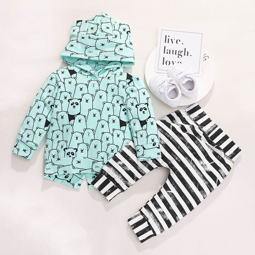 

3-piece Cute Bear Allover Hoodie, Striped Pants and Hat Set for Baby Boy