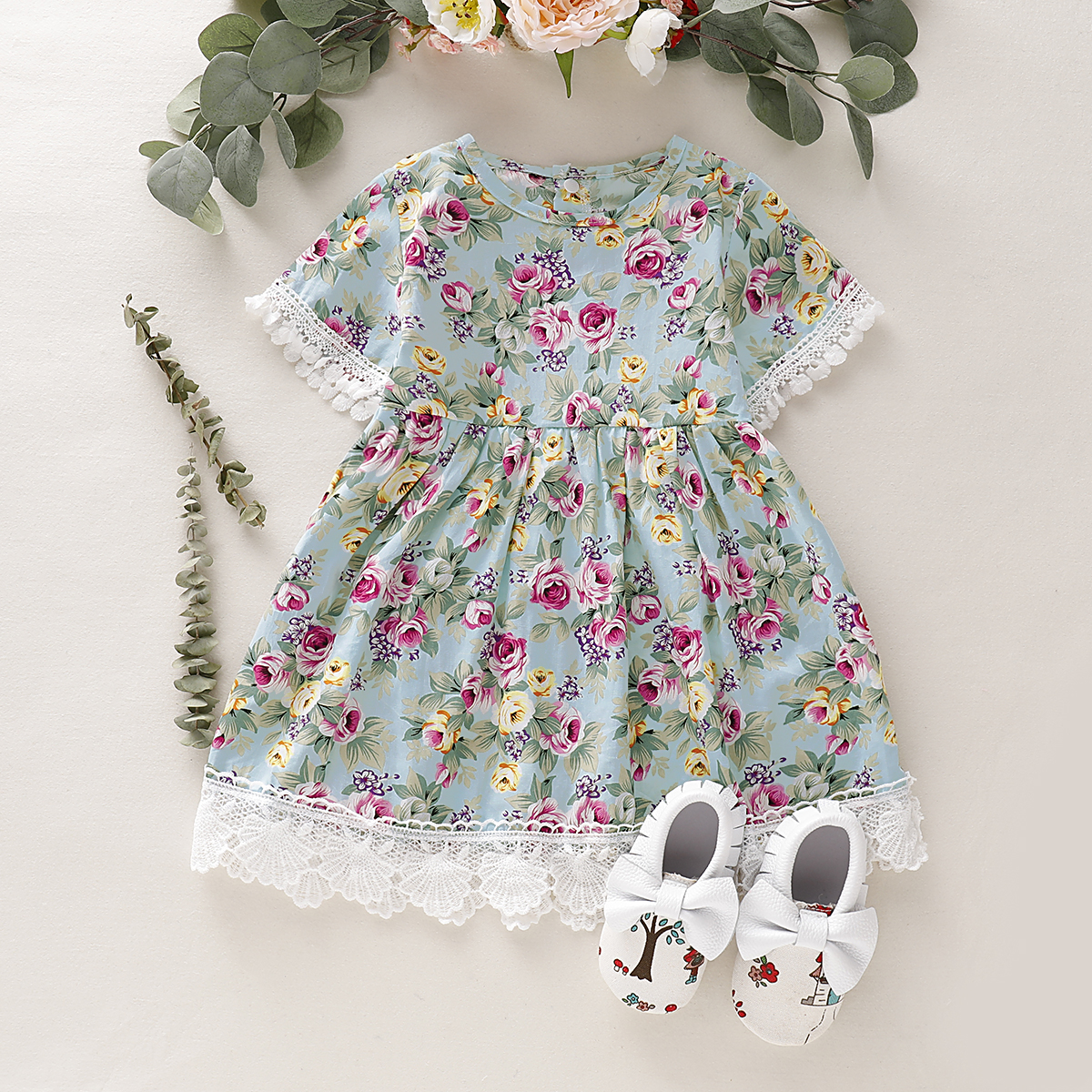 

Baby / Toddler Rose Allover Lace Tasseled Decor Short-sleeve Dress