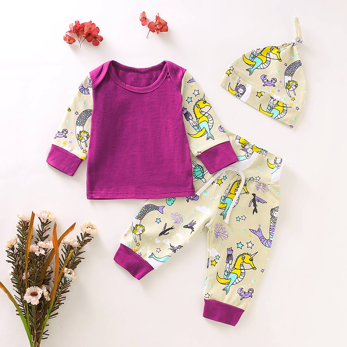

3-piece Baby Girl Cartoon Mermaid Colorblock Long-sleeve Tee and Pants with Hat Set