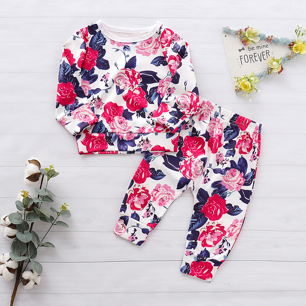 

Baby Girl Colorful Floral Allover Long-sleeve Tee and Pants Set