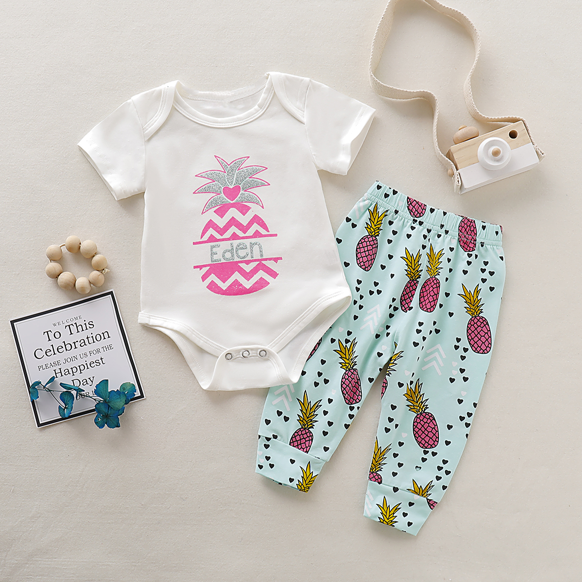 

Baby Girl Trendy Pineapple Print Bodysuit and Pants Set