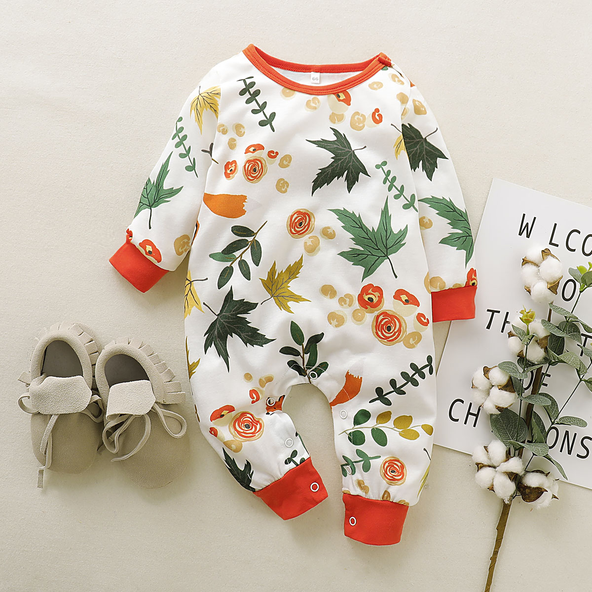 

Baby Leaf Allover Long-sleeve Jumpsuit