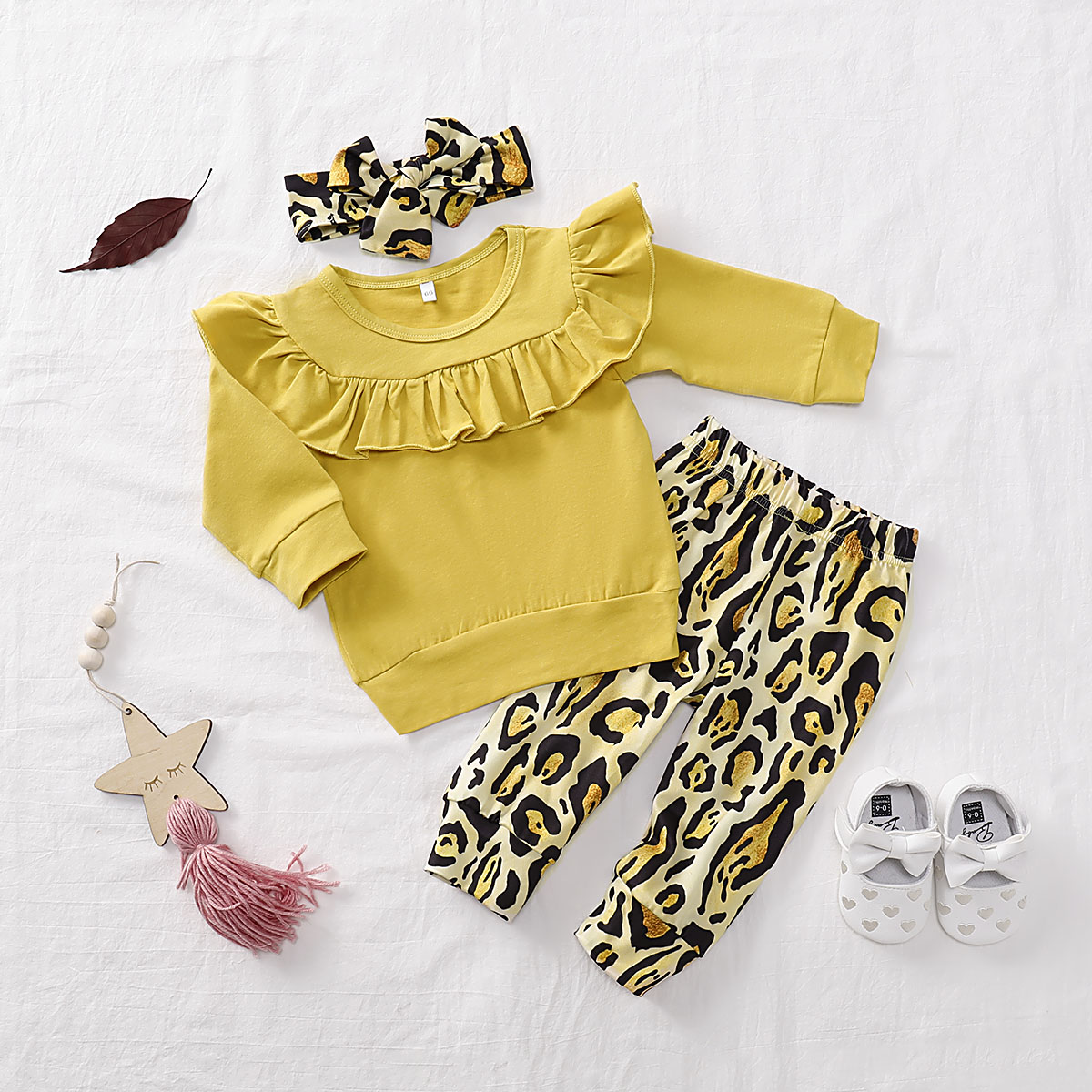 

3-piece Baby Girl Flounced Collar Solid Top and Leopard Print Pants with Headband Set