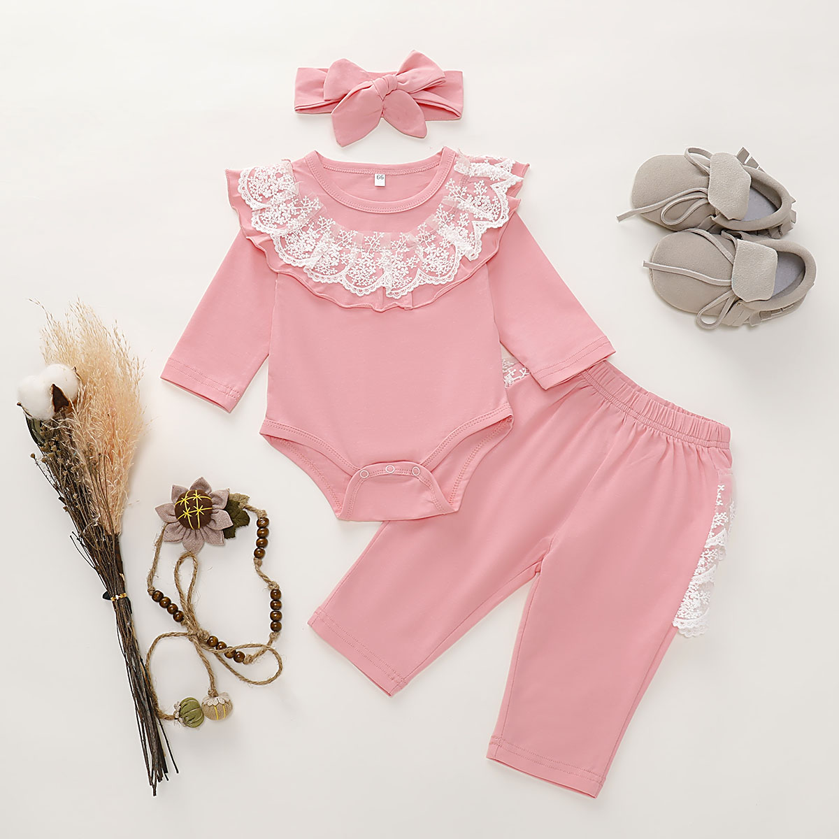 

3-piece Baby Girl Lace Flounced Collar Solid Bodysuit and Pants with Headband Set
