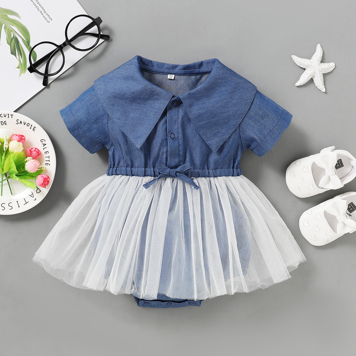 

Baby Denim Tulle Splice Rompers
