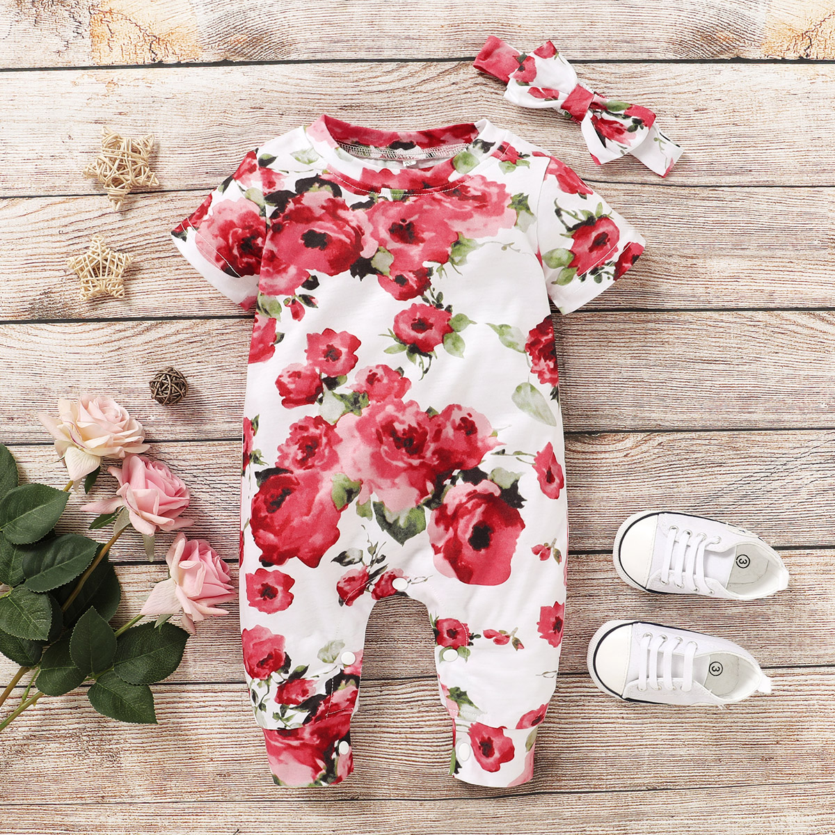 

2-piece Baby Floral Jumpsuit with Headband Set
