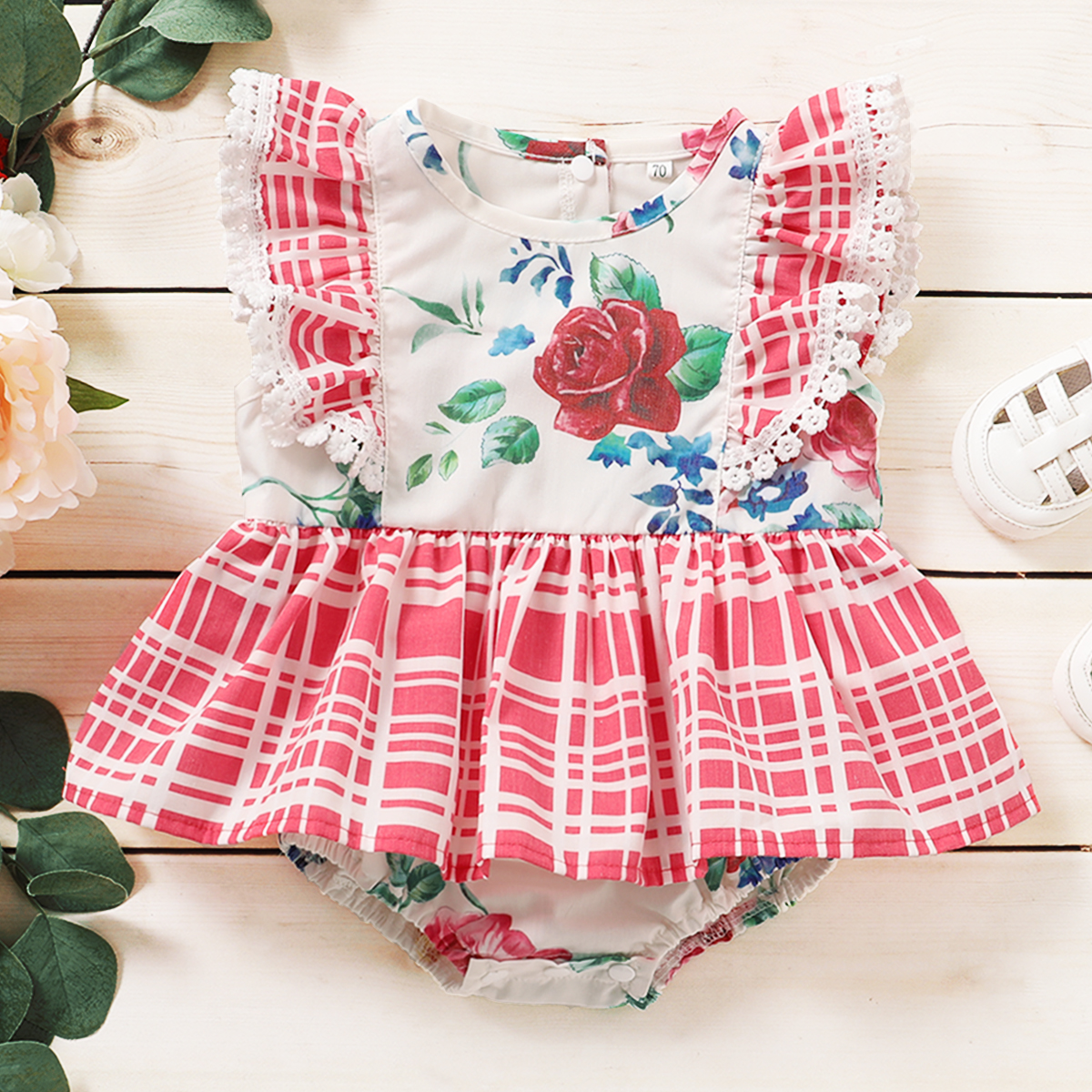 

Baby Pretty Plaid Lace Decor Rompers