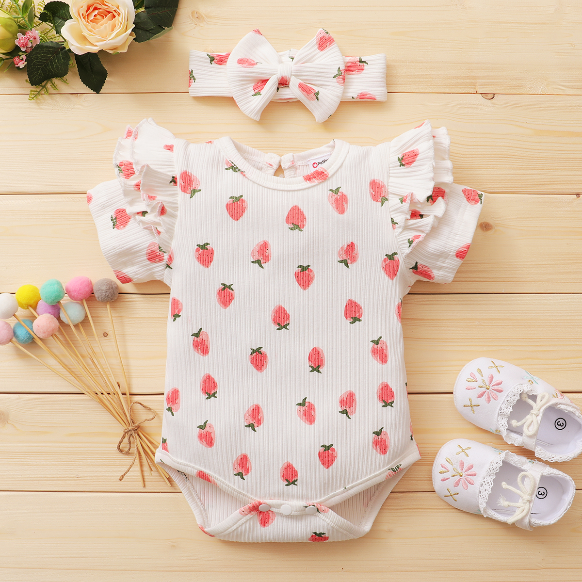 

2-Piece Baby Strawberry Ruffled Short-sleeve Romper and Headband Set