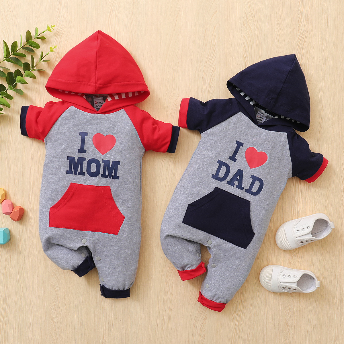 

100% Cotton Letter Print Color Block Hooded Short-sleeve Baby Jumpsuit