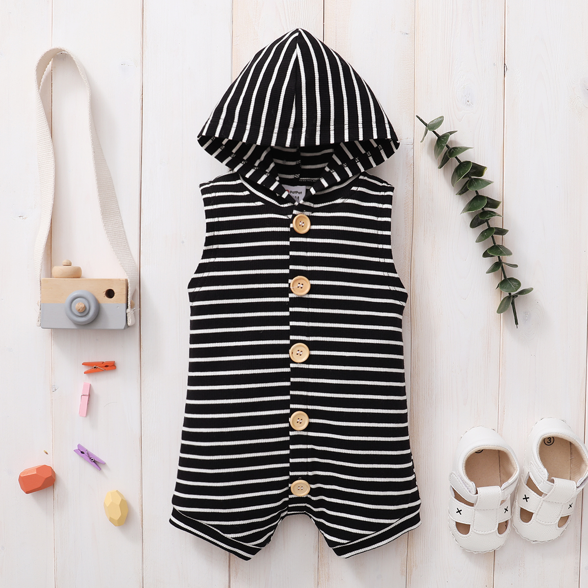 

100% Cotton Stripe Print Hooded Sleeveless Baby Romper