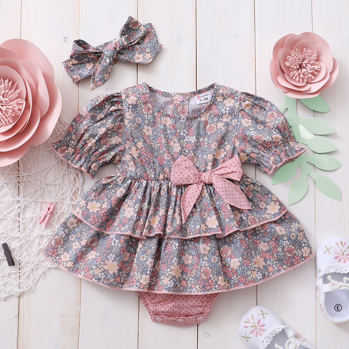 

2-Piece Baby Floral Print Bow Short-sleeve Dress Romper and Headband Set