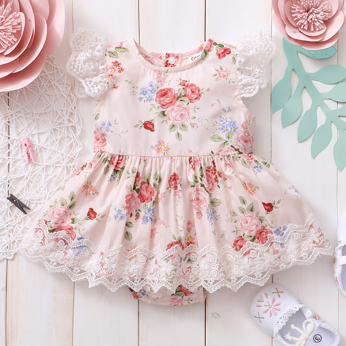 

100% Cotton Floral Allover Lace Decor Sleeveless Pink Baby Romper