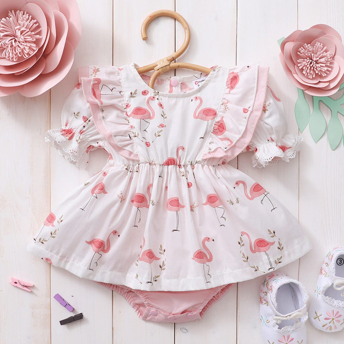 

Baby Flamingo Print Ruffle Short-sleeve Dress Romper