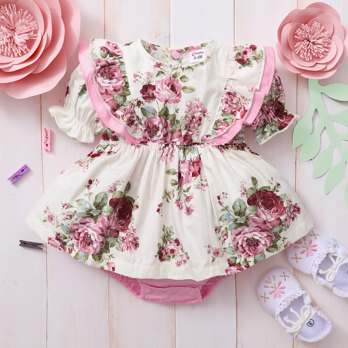 

Baby Floral Print Short-sleeve Lace Dress Romper