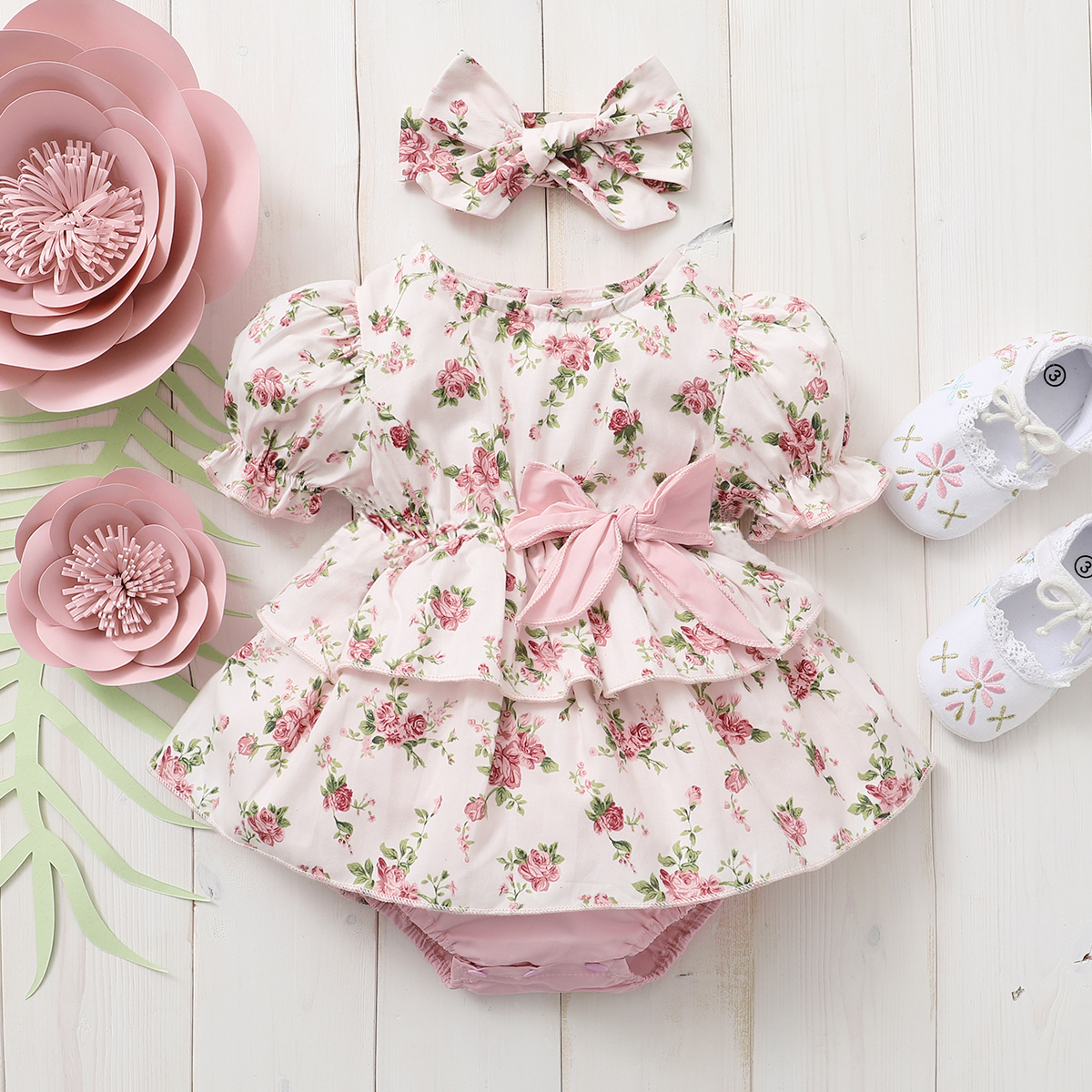 

100% Cotton 2pcs Floral Allover Puff-sleeve Pink Baby Set