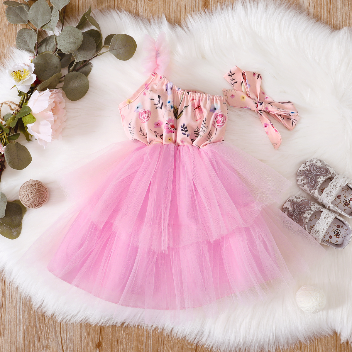 

2pcs Slingle Shoulder Layered Mesh Skirt Pink Baby Dress Set