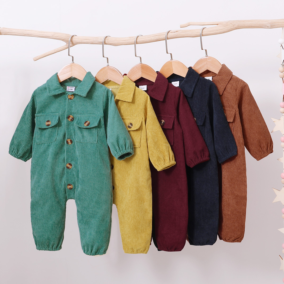 

Solid Lapel Collar Long-sleeve Baby Jumpsuit