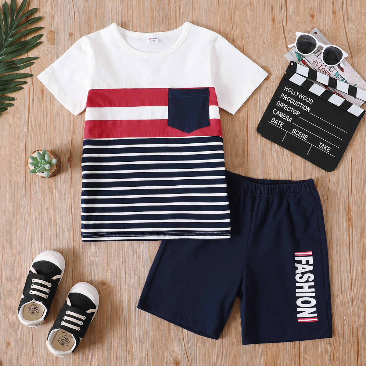 

2-piece Kid Bot Striped Colorblock Casual T-shirt and Letter Print Elasticized Shorts Set