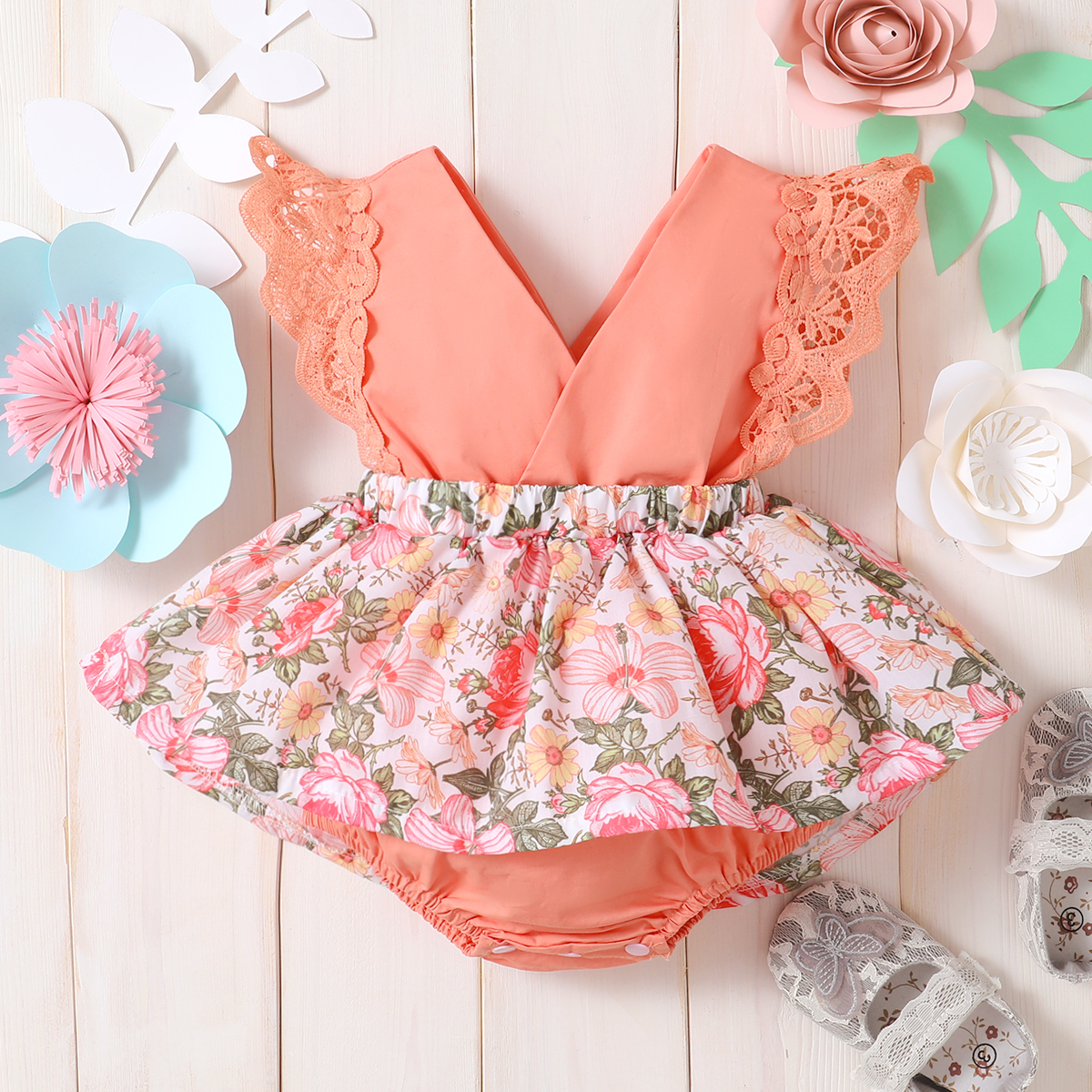 

Solid and Floral Flutter-sleeve Baby Romper Dress