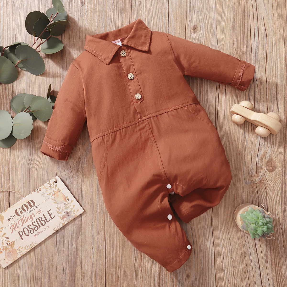 

Solid Lapel Collar Long-sleeve Baby Jumpsuit
