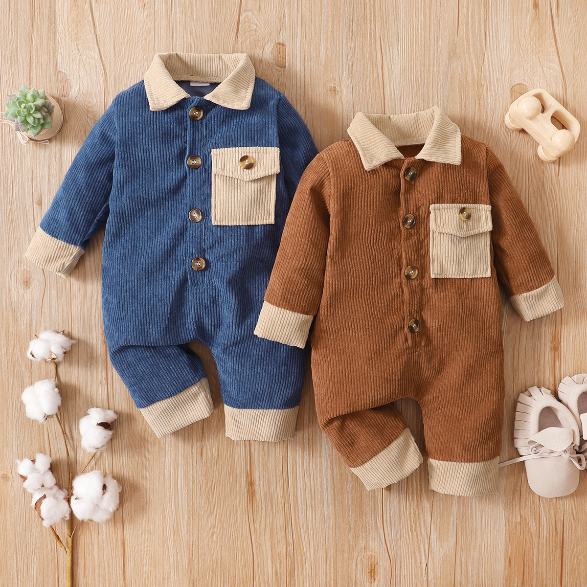 

Corduroy Lapel Collar Button Front Long-Sleeve Baby Jumpsuit