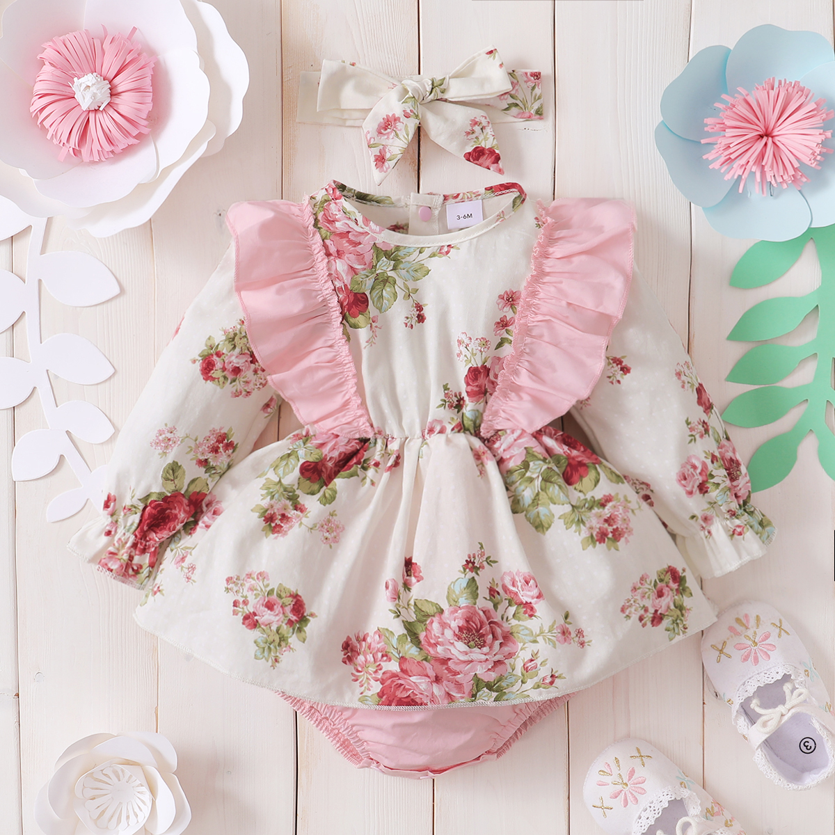 

100% Cotton 2pcs Ruffle Floral Print Long-sleeve Baby Romper Dress Set