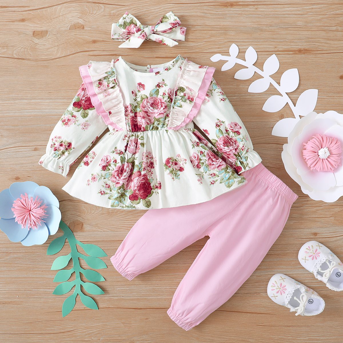 

100% Cotton 3pcs Floral Print Ruffle Long-sleeve Baby Romper Set