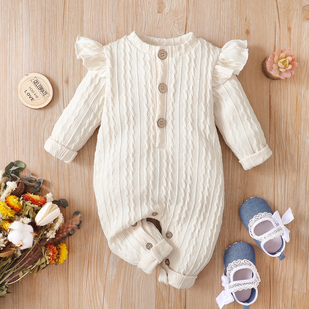 

Baby Beige Ruffle Long-sleeve Button Down Knitted Jumpsuit