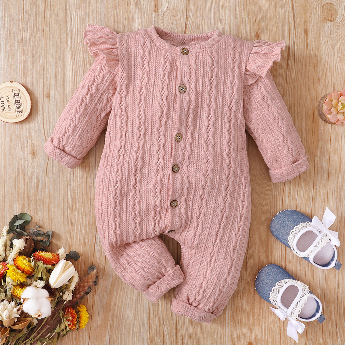 

Solid Pink Ruffle Long-sleeve Button Down Baby Knitted Jumpsuit
