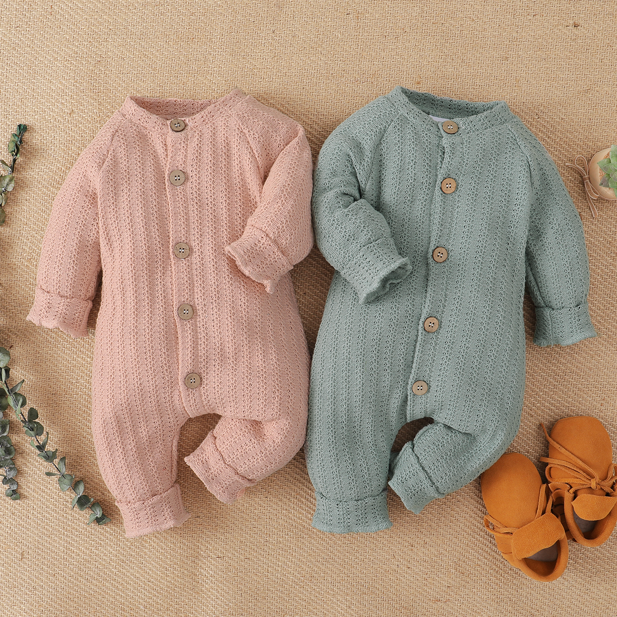

Solid Long-sleeve Button Down Baby Knitted Jumpsuit