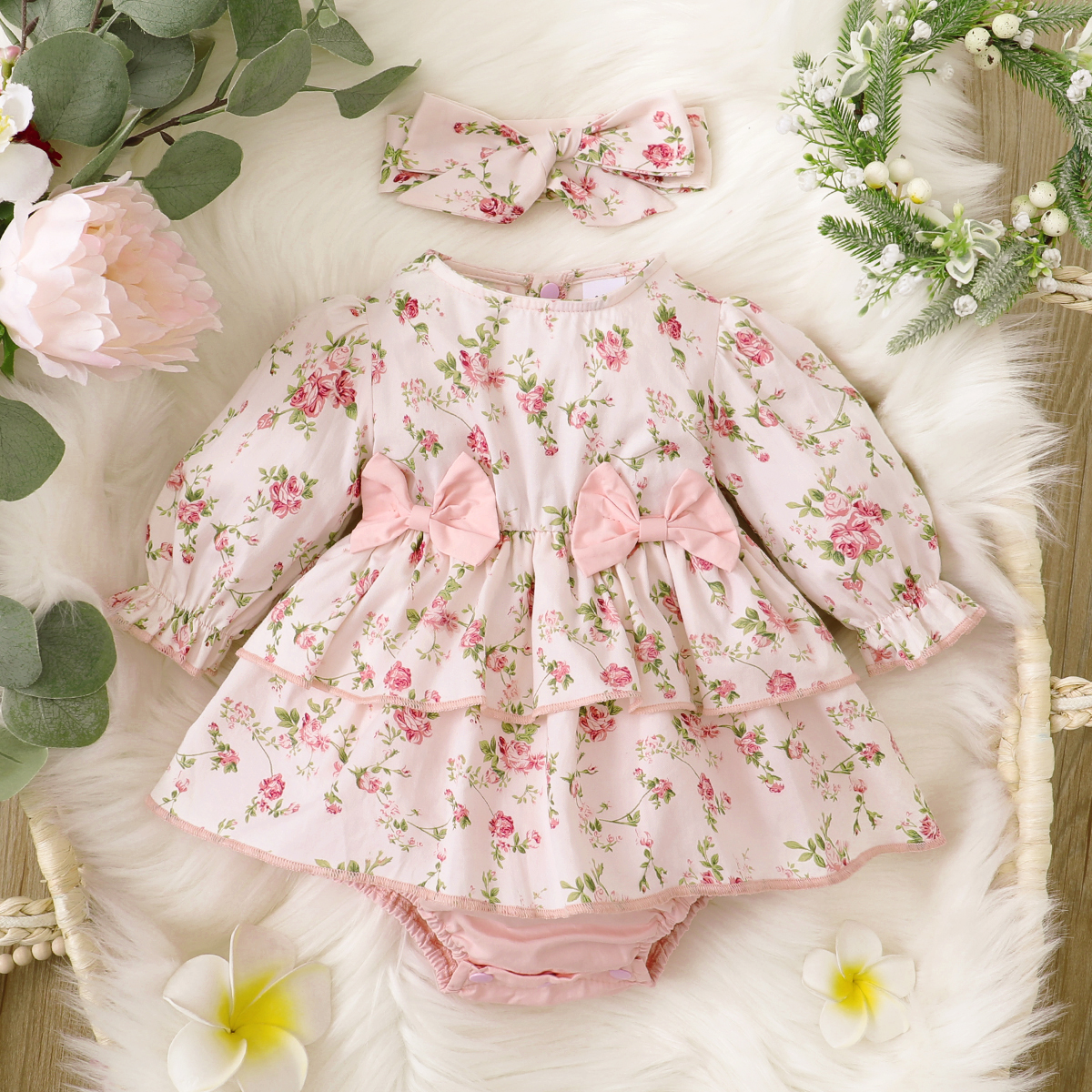 

100% Cotton 2pcs Baby Floral Print Pink Layered Ruffle Long-sleeve Romper Dress Set
