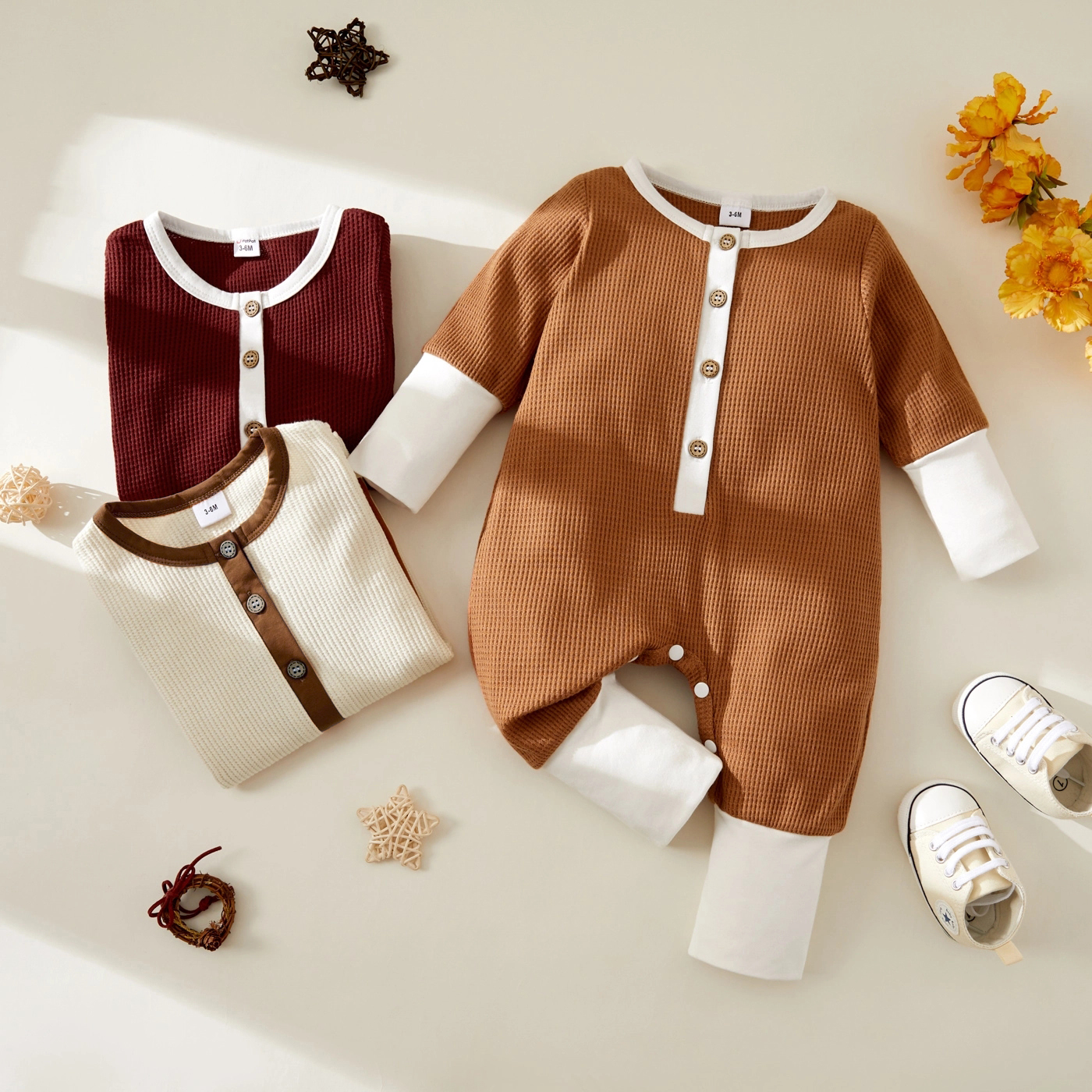 

Waffle Plaid Color Block Long-sleeve Baby Jumpsuit