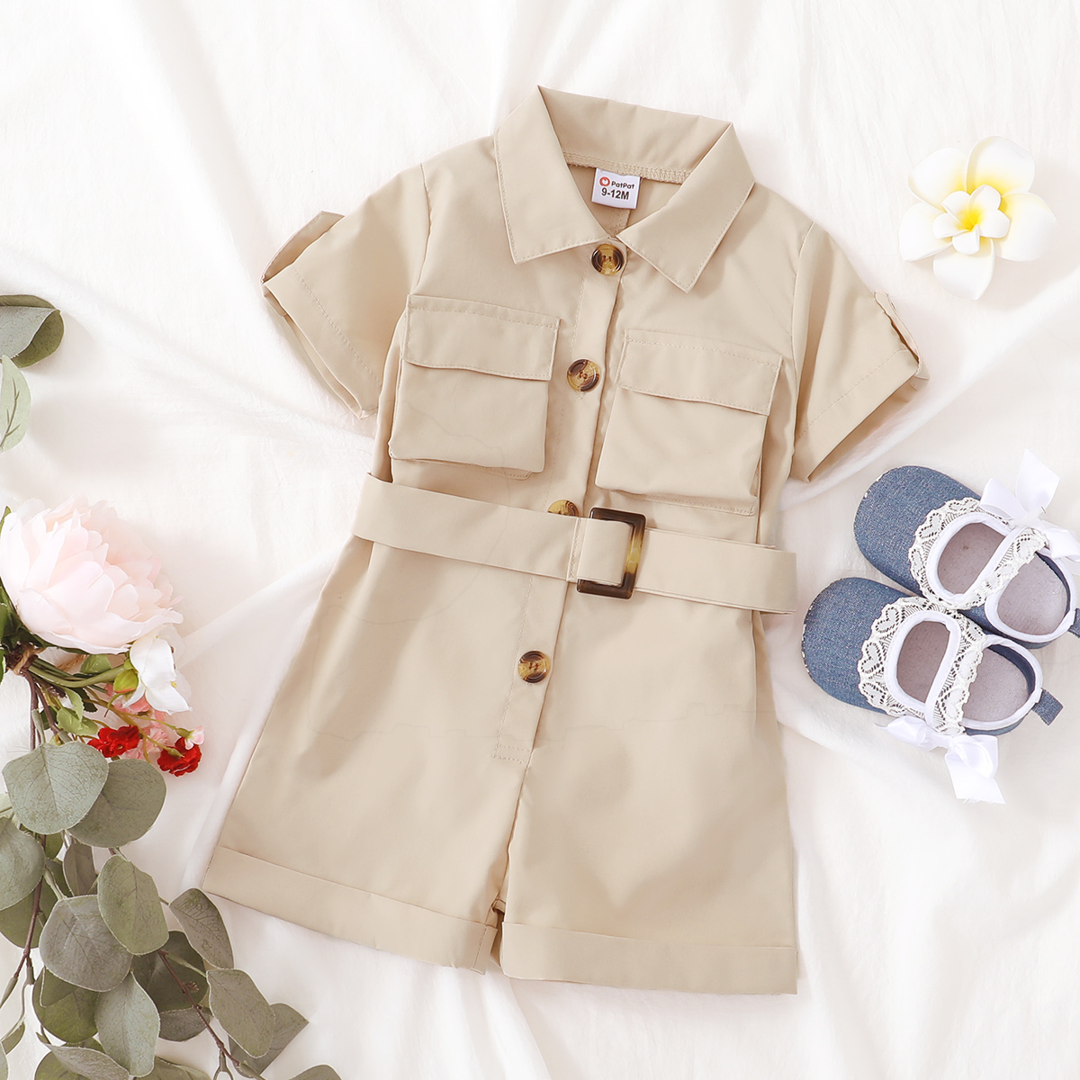 

Baby Boy/Girl Solid Button Short-sleeve Belted Romper