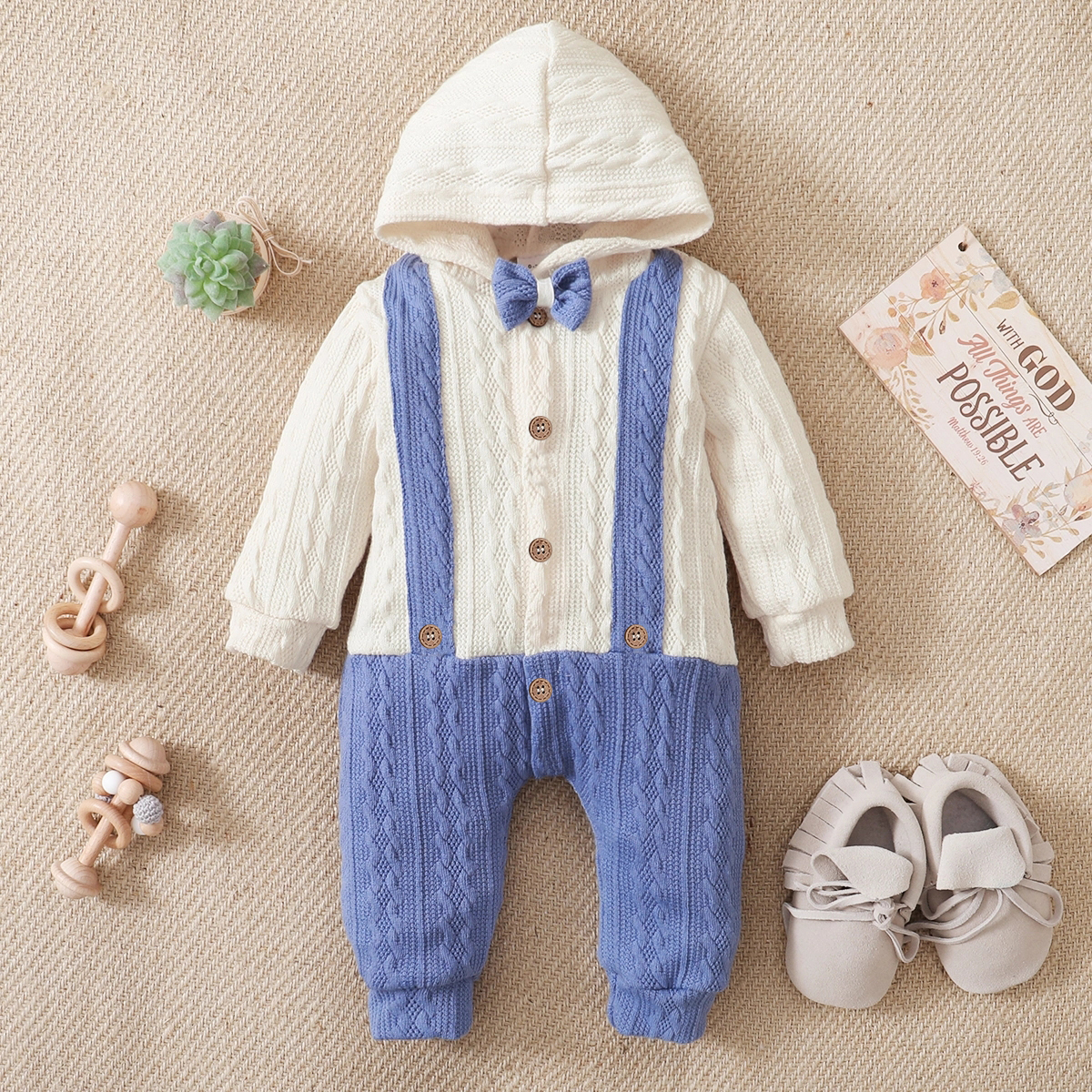 

Solid Splice Faux-two Design Bow Tie Decor Hooded Long-sleeve Baby Jumpsuit