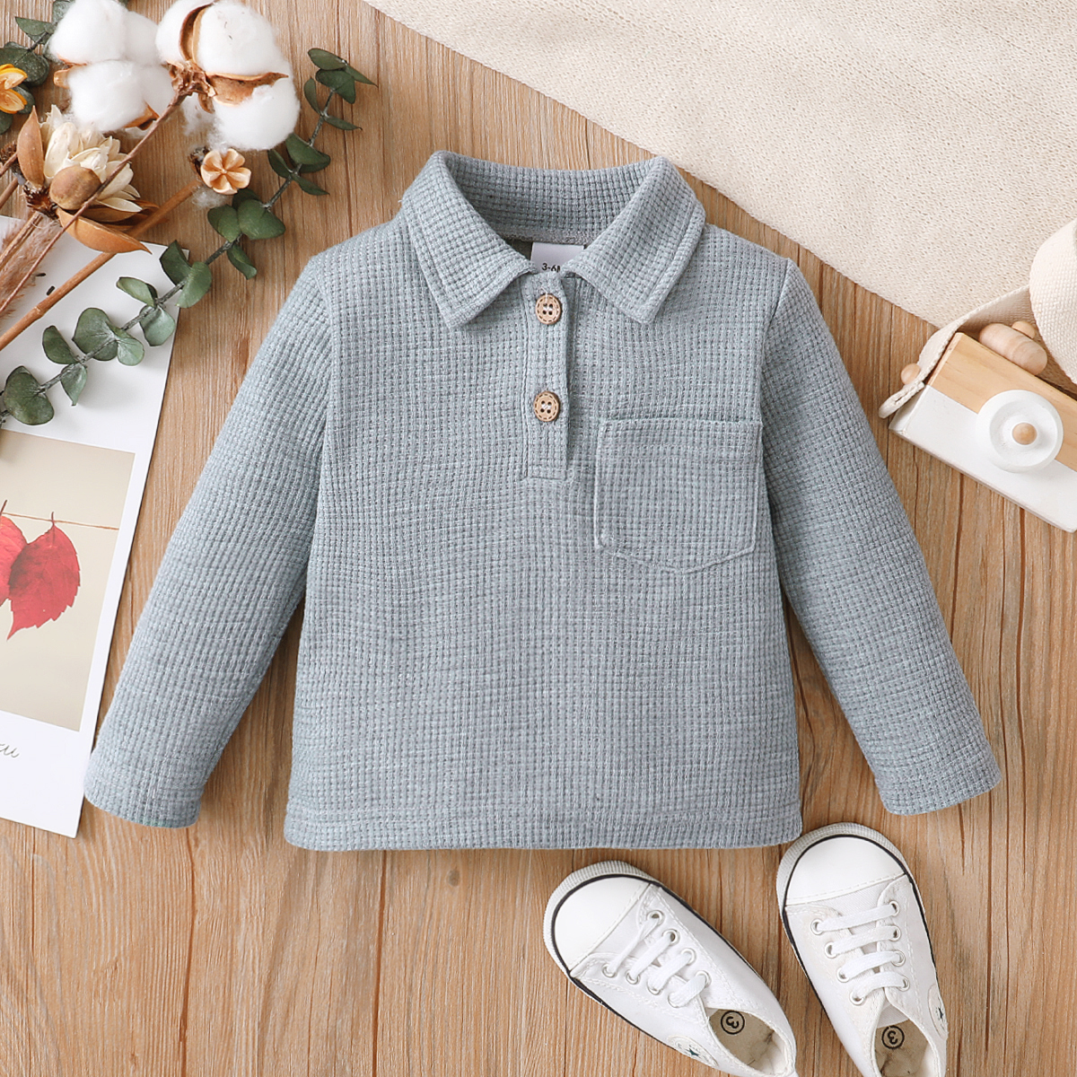 

Baby Boy Grey Waffle Knit Button Up Long-sleeve Polo Shirt