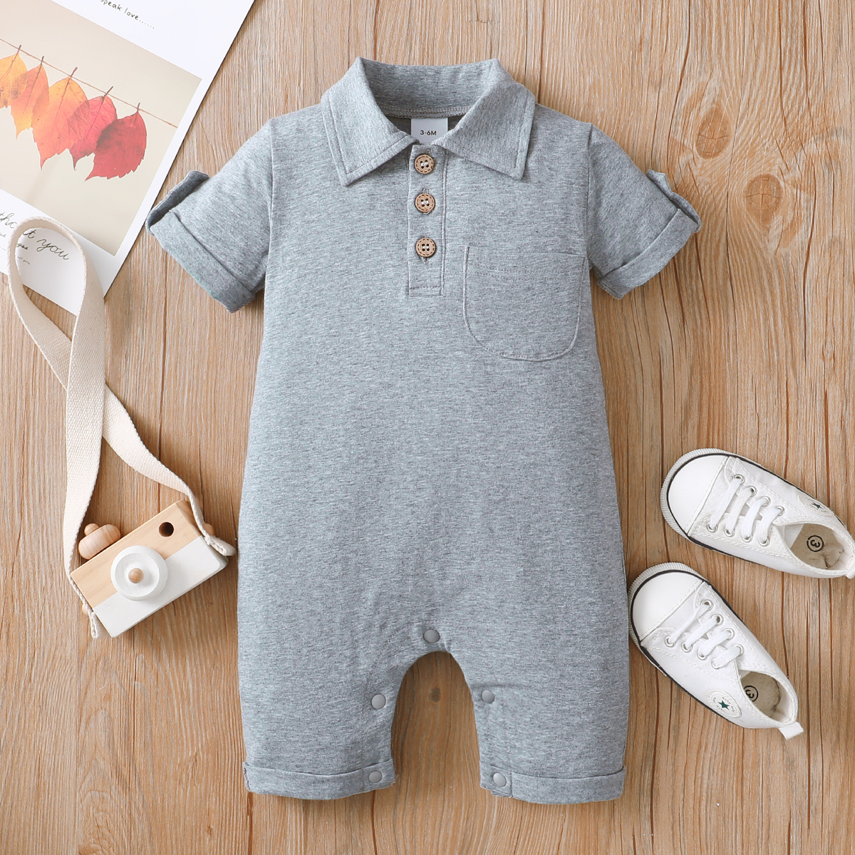 

Baby Boy Grey Button Up Short-sleeve Romper