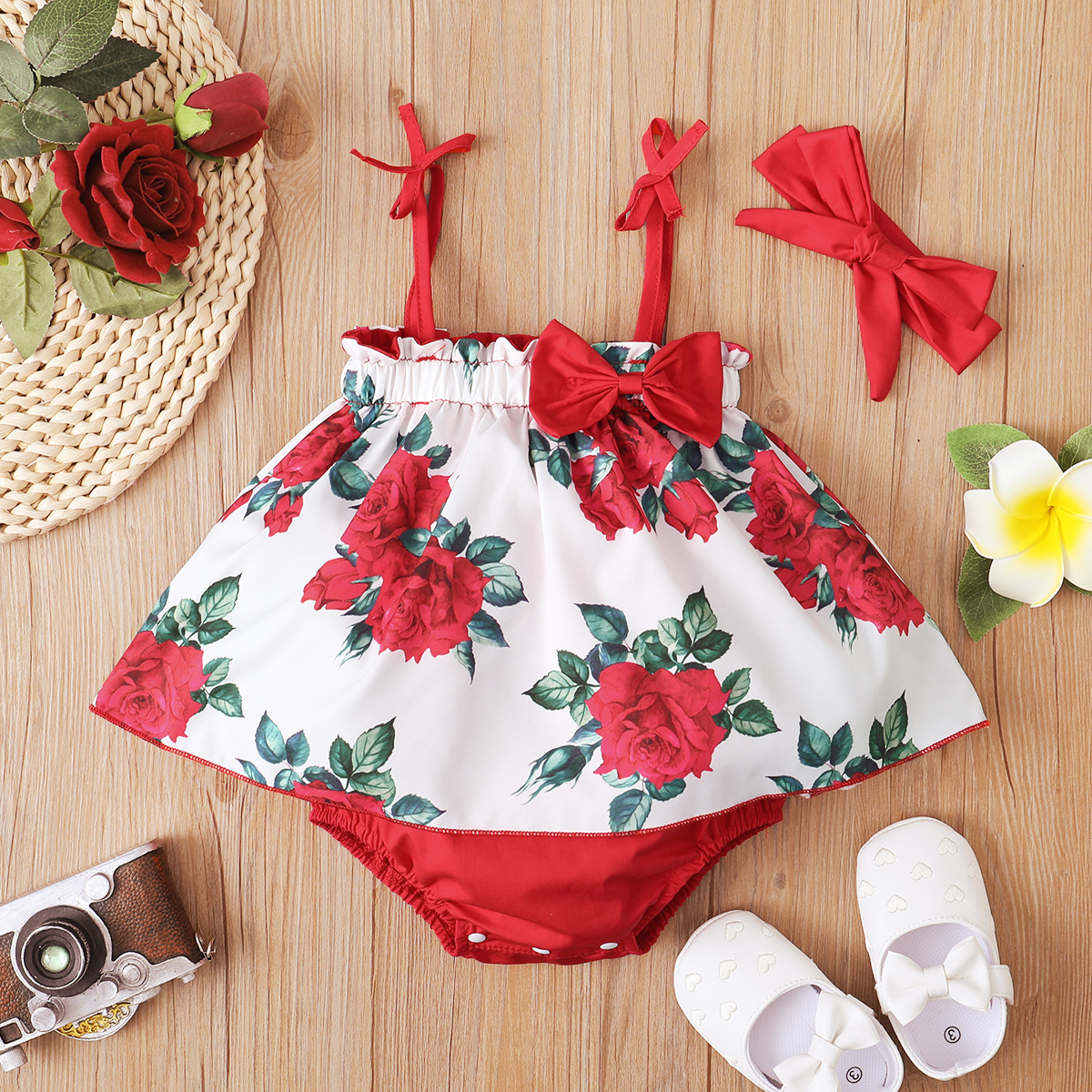 

2pcs Baby Girl Red Floral Print Sleeveless Spaghetti Strap Bowknot Romper with Headband Set
