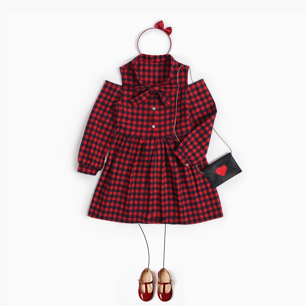 

Plaid Pattern Long-sleeve Christmas Dress in Red for Girls
