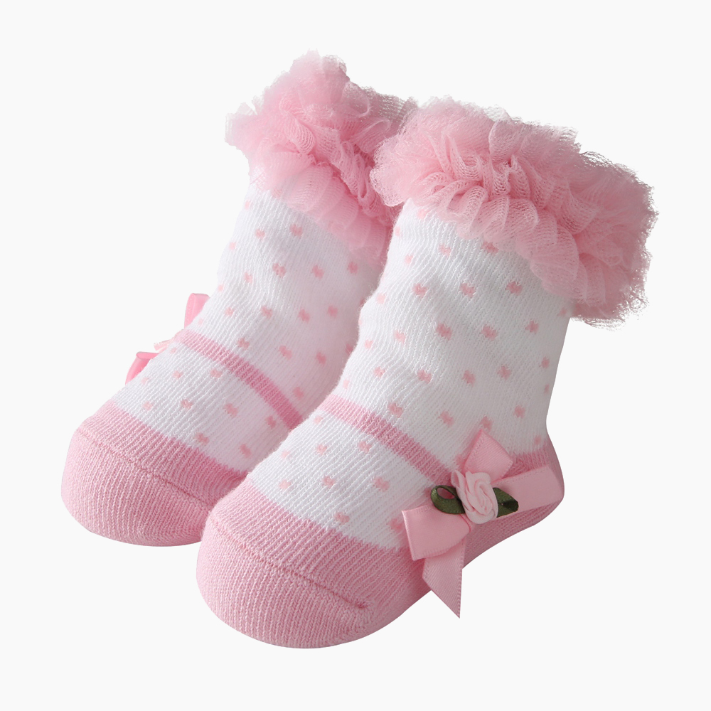 

Baby Girl Lace Dotted Color-blocking Bow Decor Socks