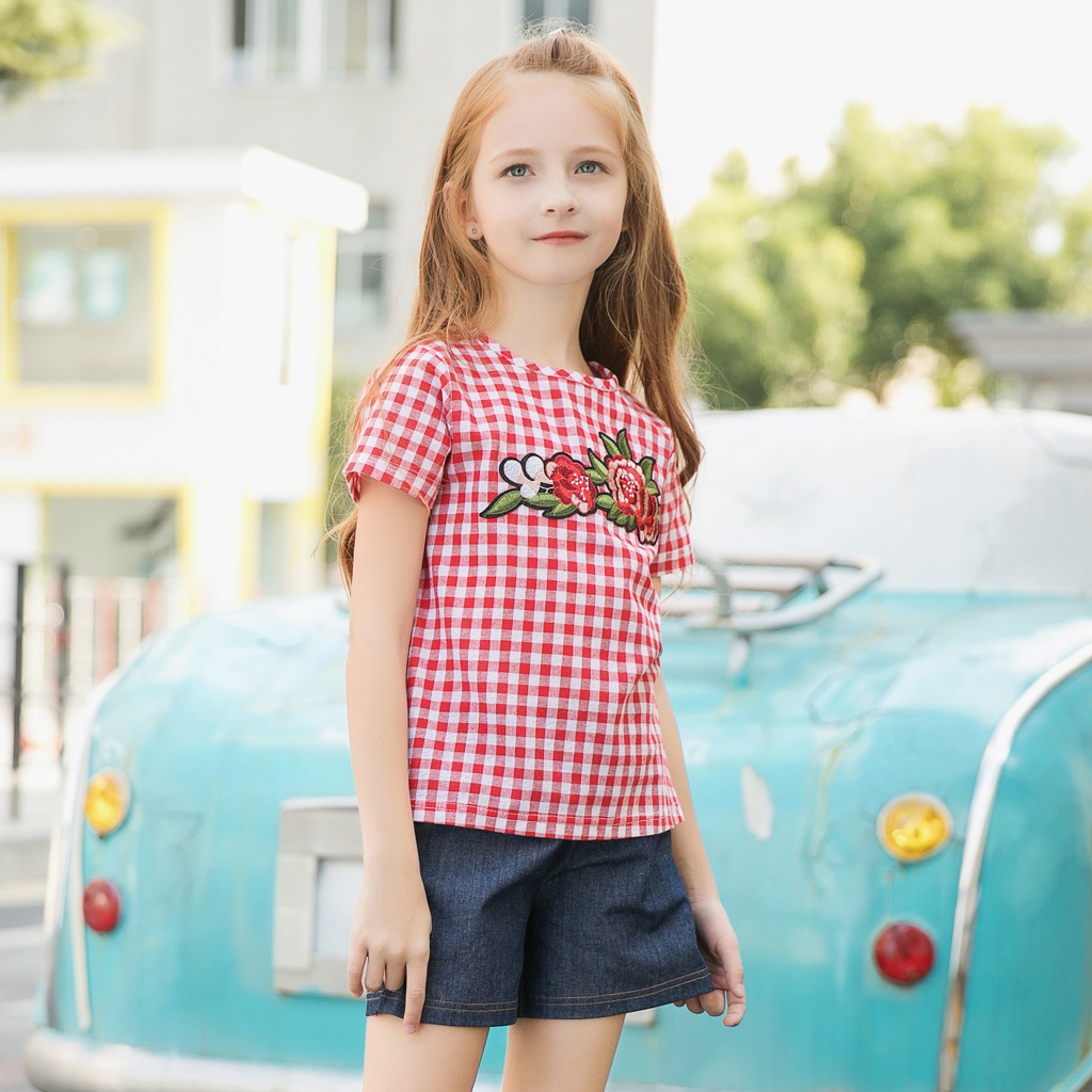 

Pretty Flower Embroidered Plaid Top and Denim Shorts Set for Girl