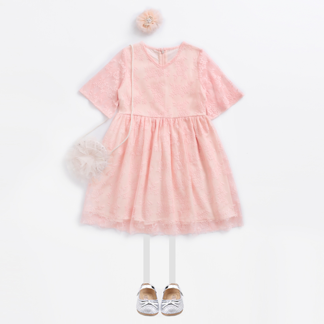 

Beautiful Solid Short-sleeve Lace Party Dress in Pink