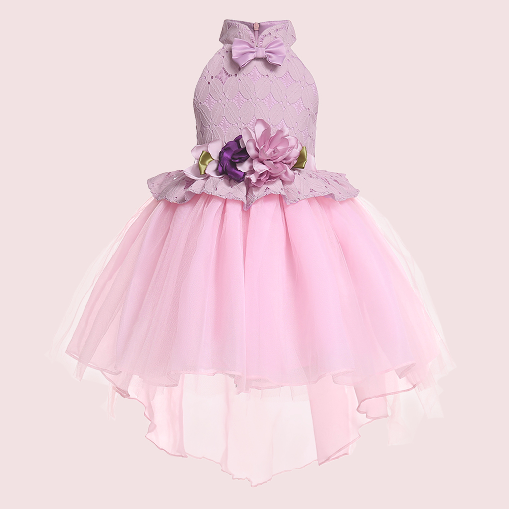 

Elegant Flower and Bow Decor Lace Tull Splice Party Dress