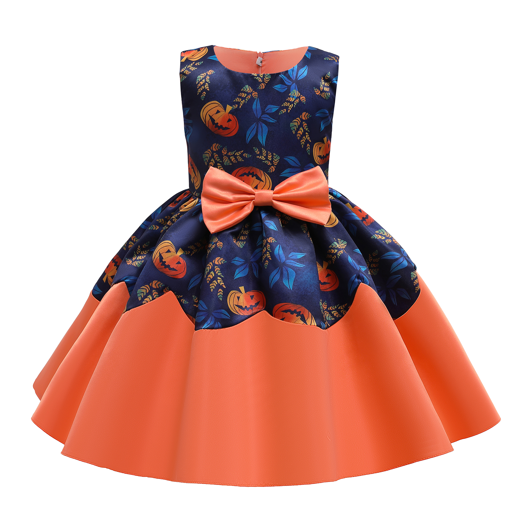 

Kid Girl Bowknot Decor Halloween Pumpkin Leaf Print Zipper Sleeveless Costume Party Dress