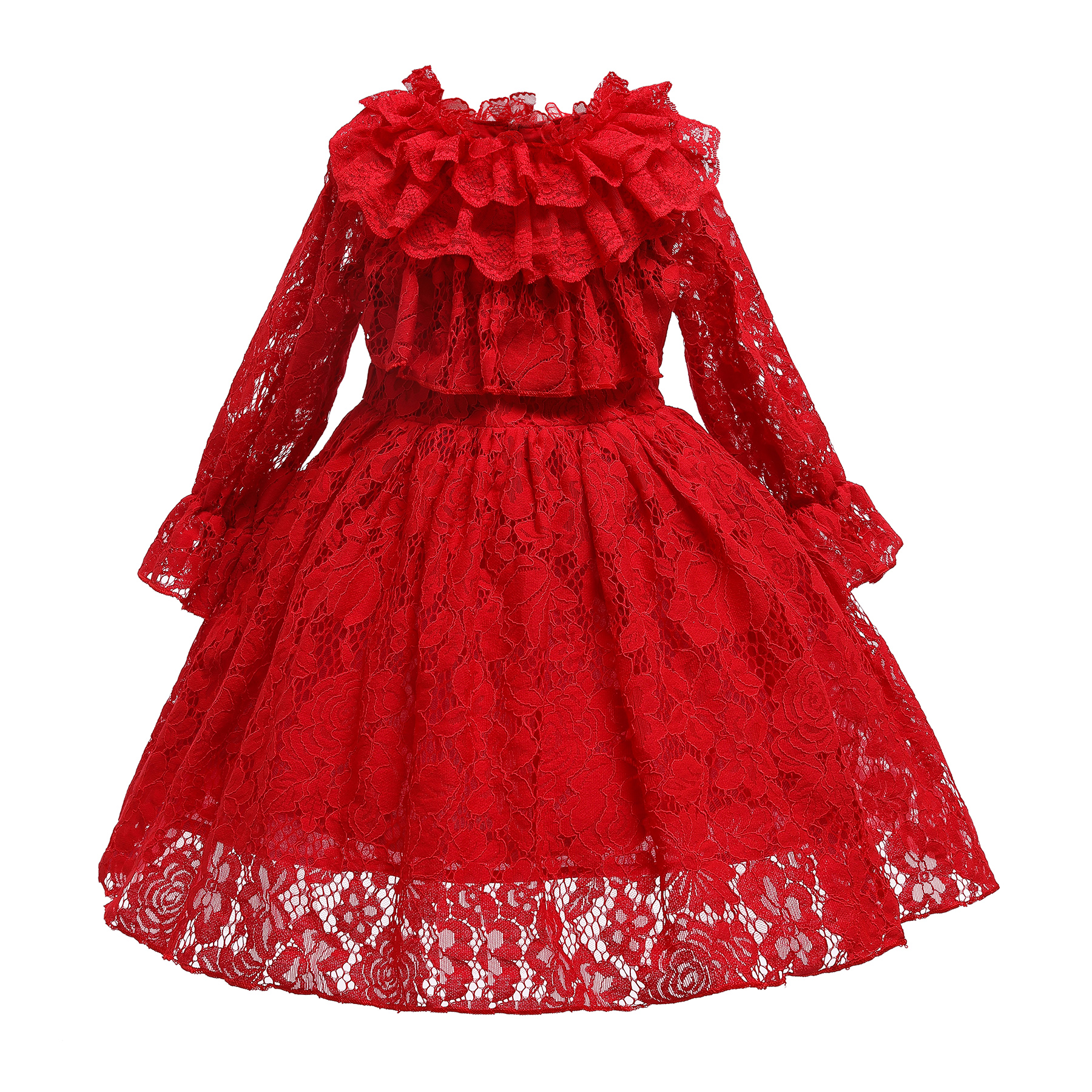 

Toddler Lace Red Flounce Long-sleeve Party Dress