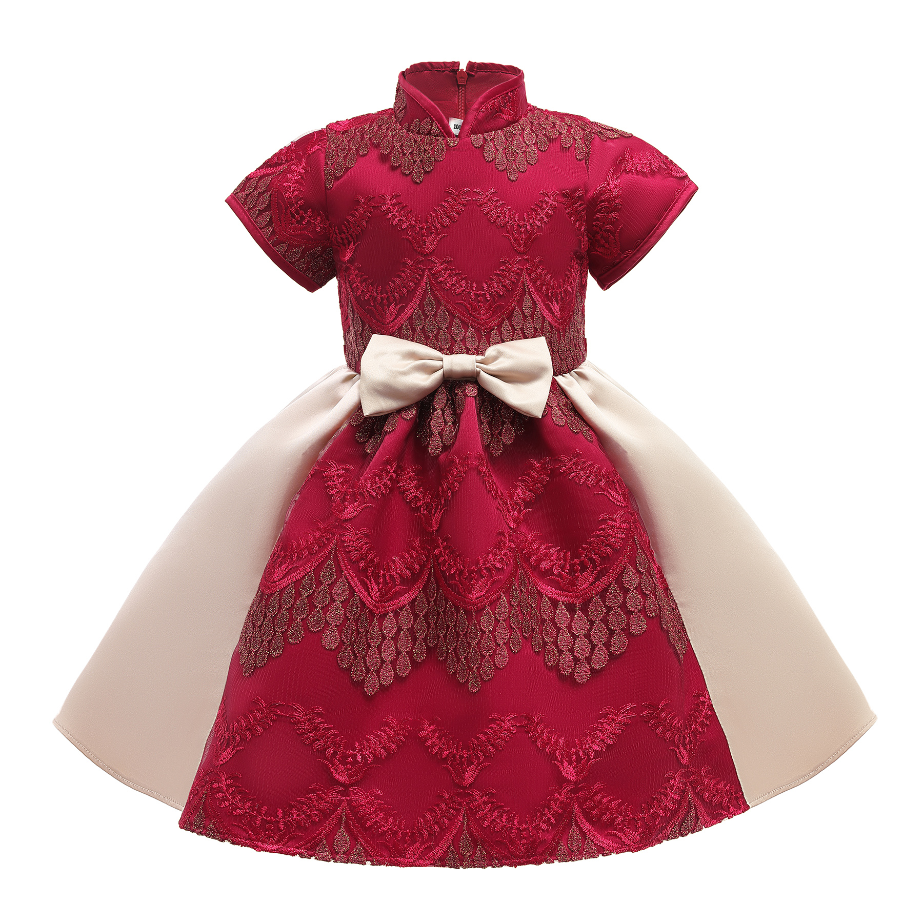 

Chinese Style Embroidered Bowknot Short-sleeve Party Dress