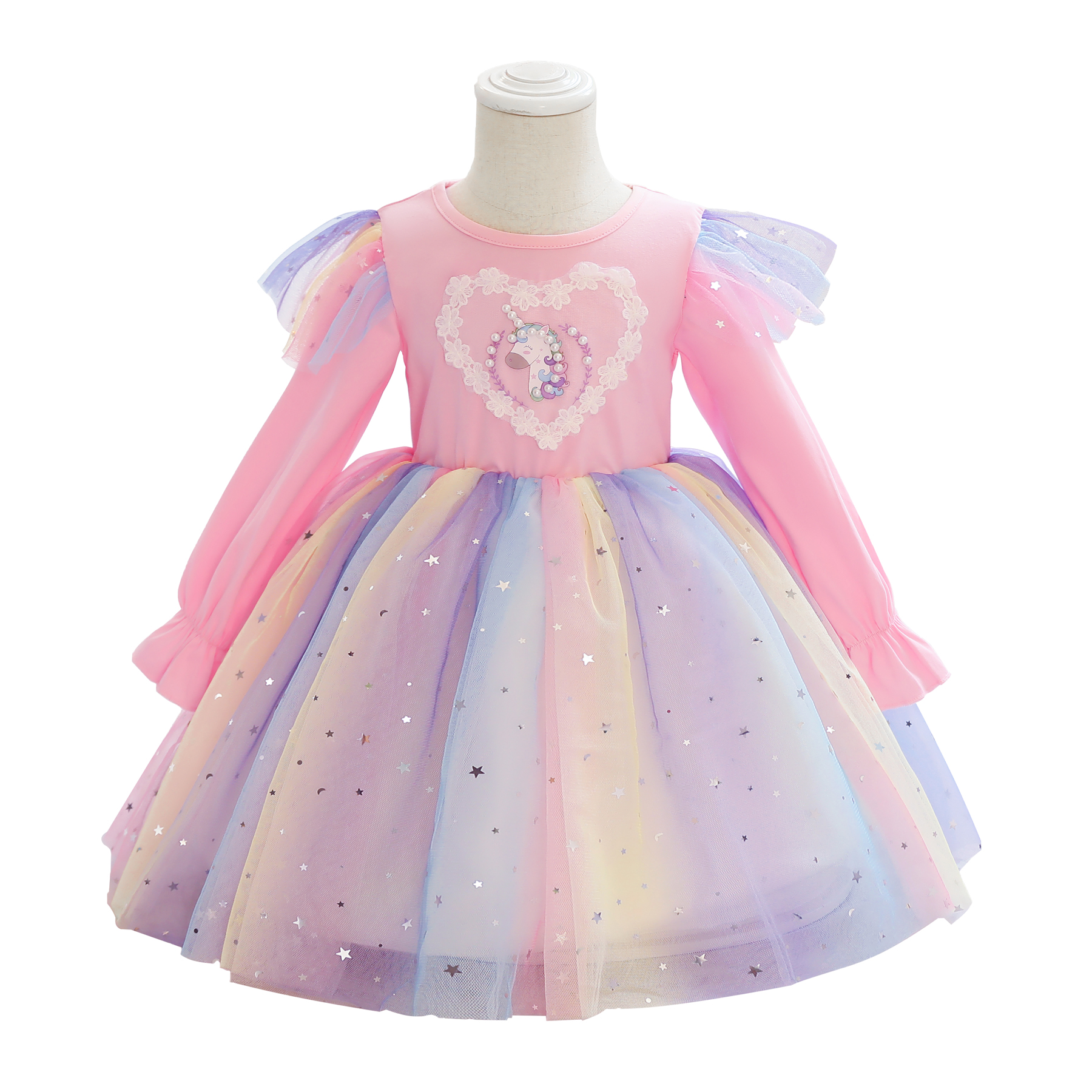 

Trendy Unicorn Print Love Ruffled Long-sleeve Party Dress